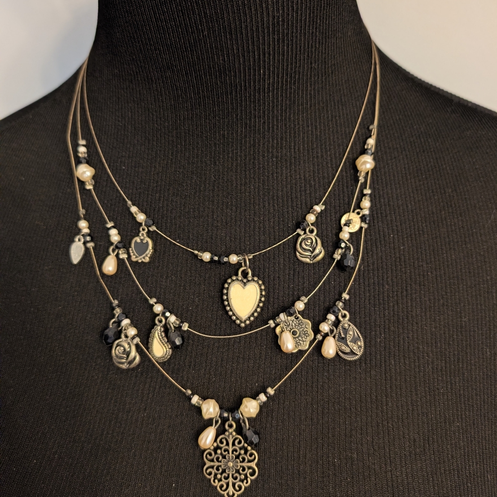 Zara Multi-Layer Black and Cream Heart Charm Necklace